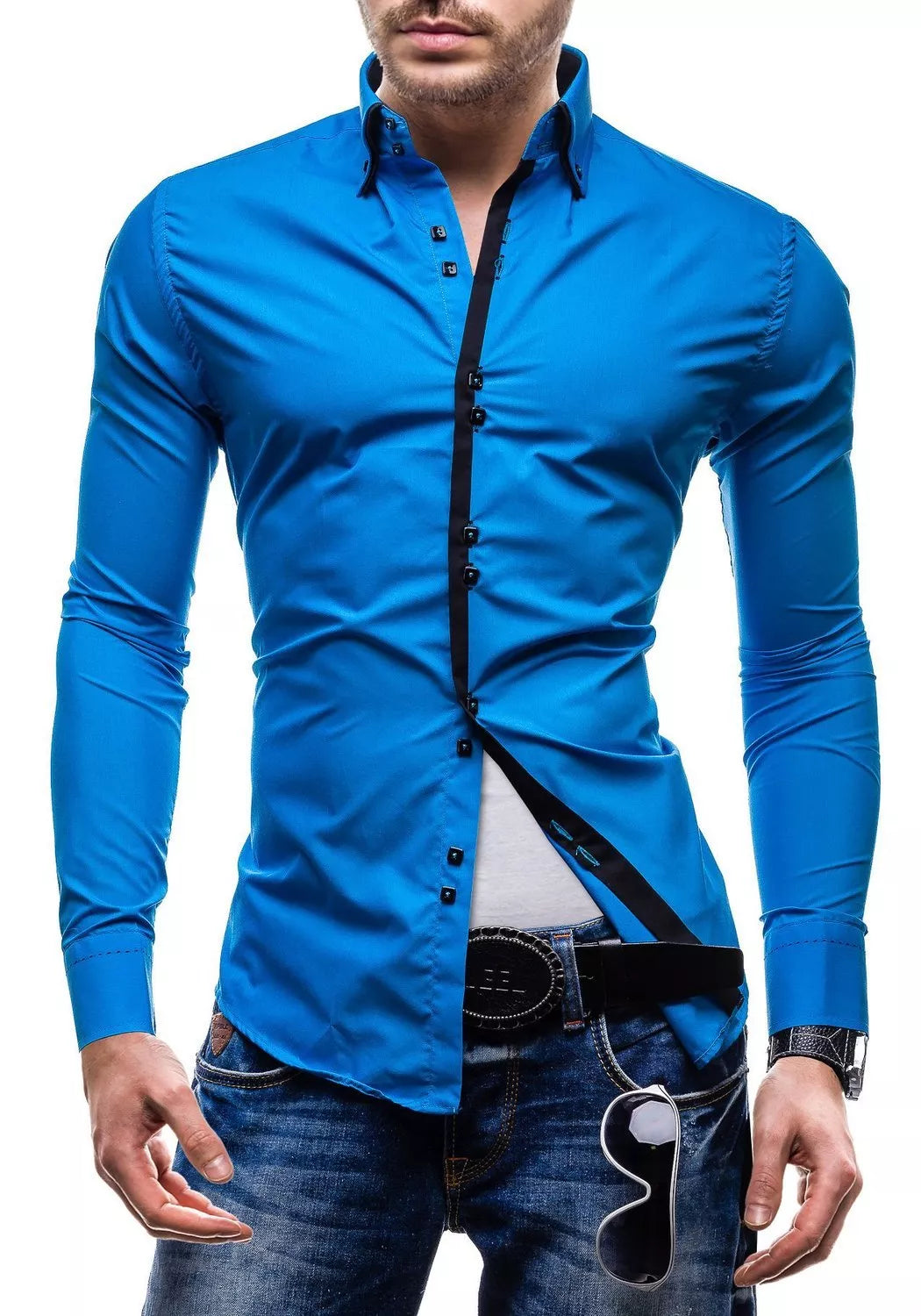 Stylish Mens Slim Fit Casual Double Collar Shirt Long Sleeve DC12