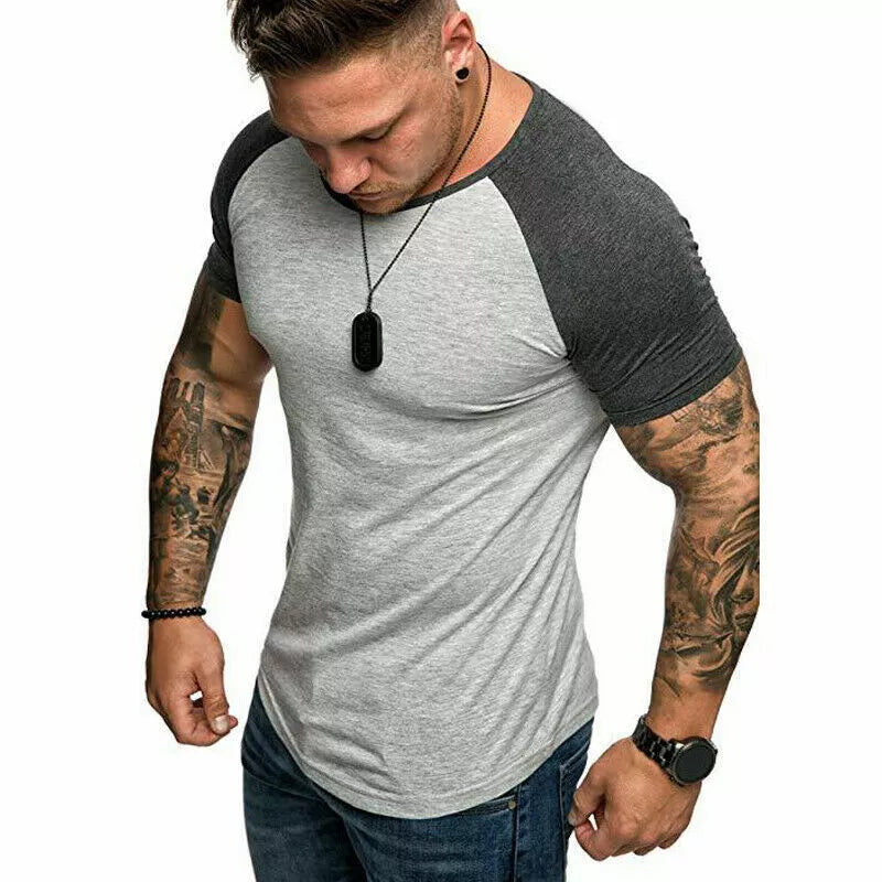 Mens Raglan Shirt T Shirt Top Short Sleeve Crew Neck Contrast Colours TS03