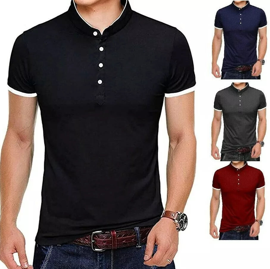 Mens Grandad Collar Shirt Mandarin Slim Fit Polo T-Shirt Top Short Sleeve PL19