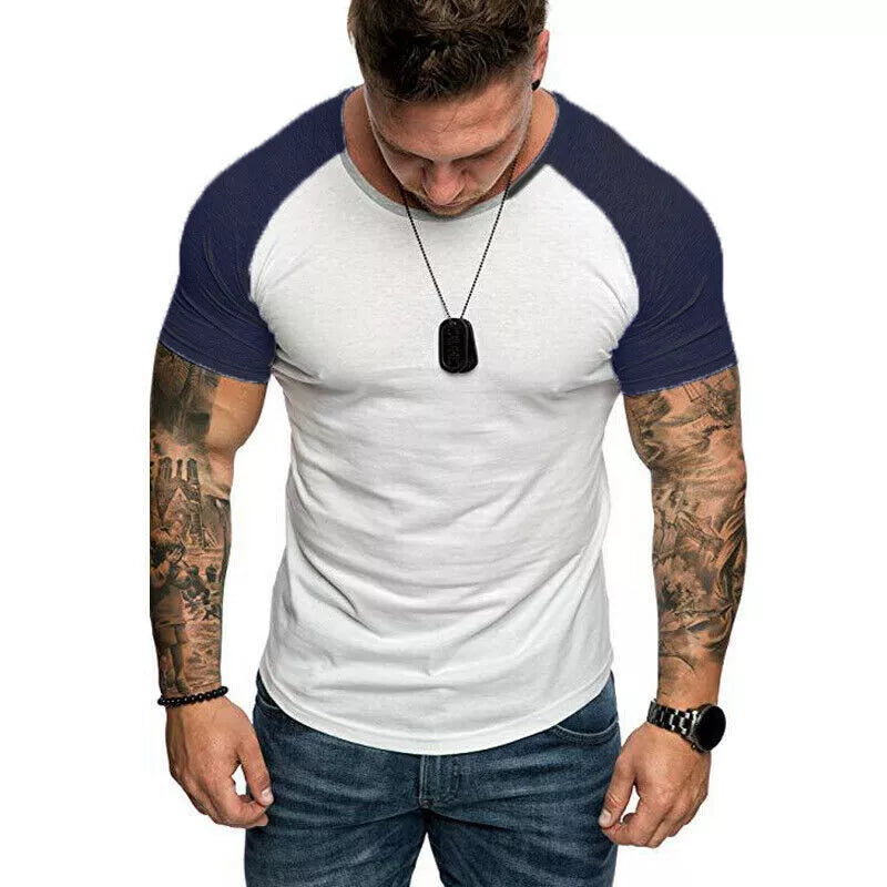 Mens Raglan Shirt T Shirt Top Short Sleeve Crew Neck Contrast Colours TS03