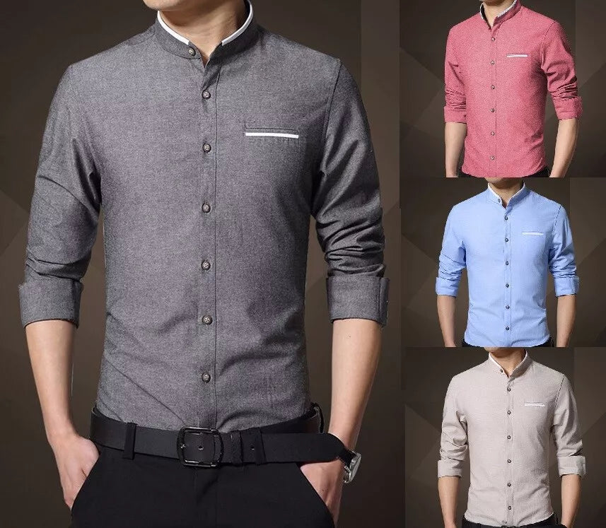 Mens Grandad Shirt Mandarin Casual Shirts Slim Fit Shirt Top Long Sleeve PS 14