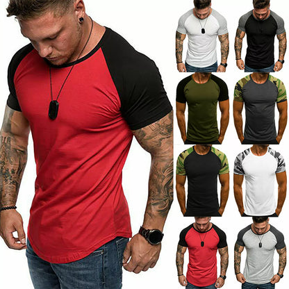 Mens Raglan Shirt T Shirt Top Short Sleeve Crew Neck Contrast Colours TS03